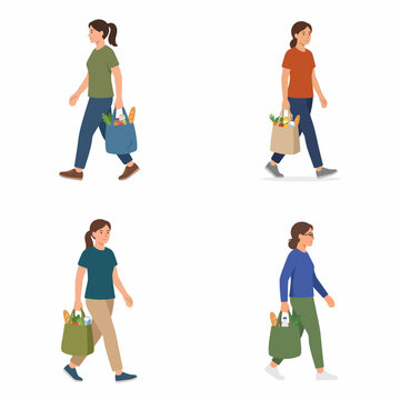 Flat Vector Illustration of Women Walking and Carrying Grocery Bags with Healthy Food