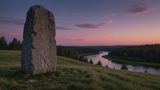 Ancient Nordic Runestone with Intricate Carvings Standing on a Grassy Hill Overlooking a River at Sunset