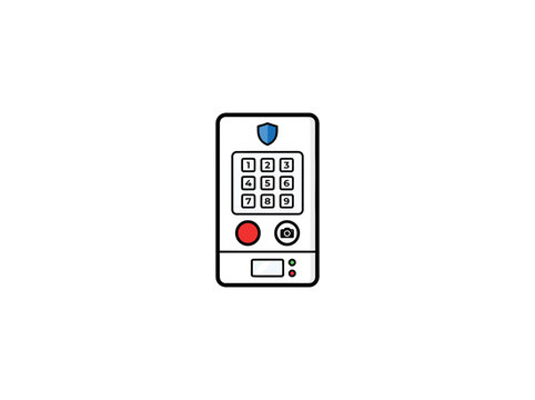 Modern Digital Home Security System Panel With Numeric Keypad, Blue Shield Symbol, Red Emergency Alert Button, And Surveillance Camera Icon, Vector Illustration