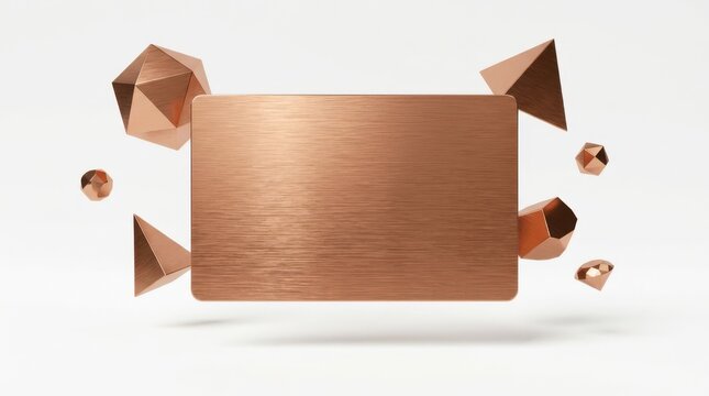 Metallic copper payment card floating alongside abstract crystal shapes