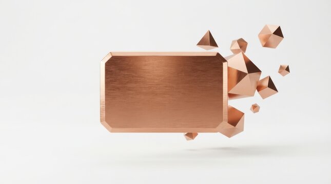 Luxury copper credit card mockup surrounded by floating polyhedrons