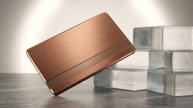 Angled metallic copper card positioned beside stacked glass blocks with textured
