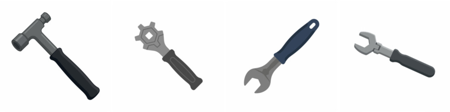 Flat vector illustration set of construction hand tools including a hammer and various wrenches isolated on white background for DIY and repair concepts.