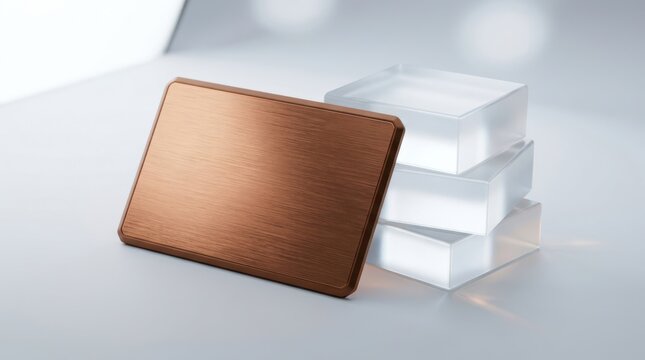 Copper metal business card displayed near stack of transparent acrylic blocks