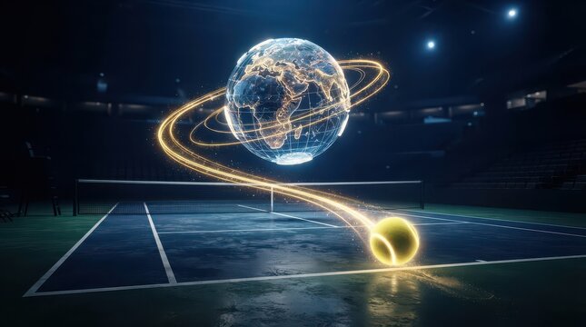 Tennis ball orbiting a glowing holographic Earth over a stadium court globe planet