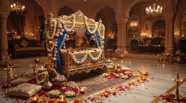 Ornate Golden Bed Decorated with Flowers and Lit Candles in a Palace Hall ornate bed canopy bed