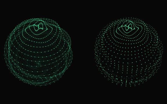 Abstract digital sphere made of glowing green dots, futuristic technology concept, 3d wireframe globe with wave pattern, data visualization, network connection, dark background
