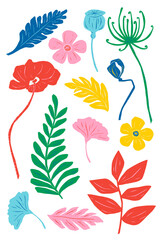 Naklejka premium Colorful flowers png sticker vintage botanical linocut set