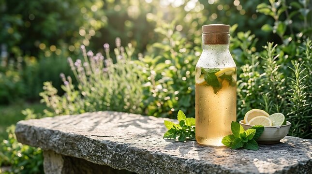 Refreshing glass bottle of cold weight loss tea on a stone bench in a sunny green garden