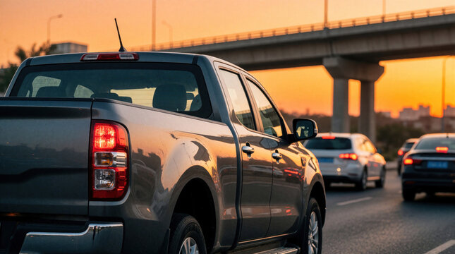 Grey pickup truck drives in heavy traffic jam on urban highway at sunset. Rear view of car on asphalt road with concrete bridge background. Cars move slowly under orange sky during evening commute in