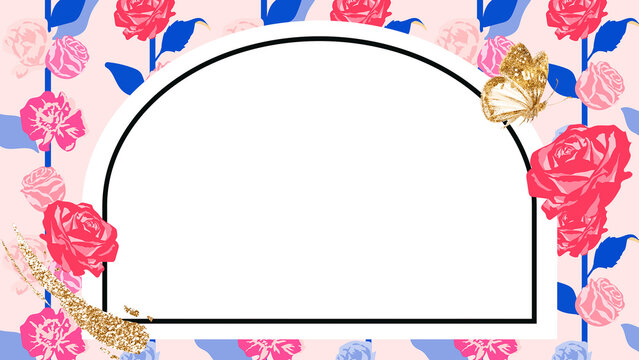 Roses png pink floral frame arched shape on transparent background