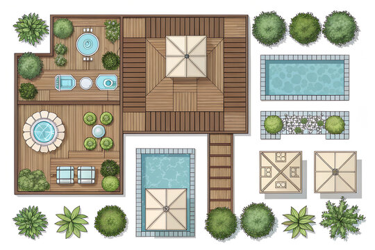 Top view of a modern luxury backyard design with wooden decking, swimming pools, and landscaped garden elements isolated on white background