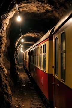 Vintage train travels through dimly lit mine tunnel. Old locomotive moves on tracks inside cavernous underground passage. Rough rock walls lit by bare bulbs.