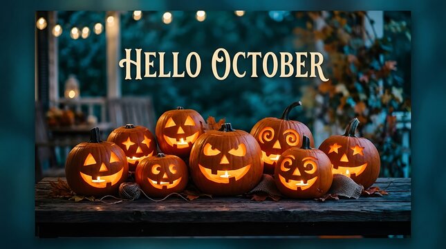 Hello october carved jack o lantern pumpkins glowing on porch table at night with pumpkins, november