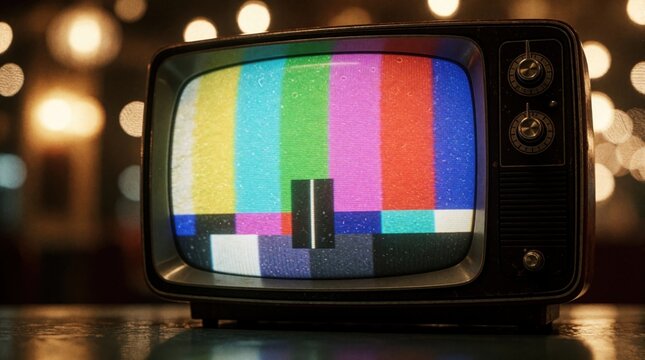 Retro television displays colorful test pattern signals with analog noise and grainy texture. Vintage screen shows broadcast error or technical difficulties, evoking nostalgic media.
