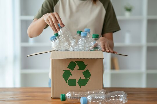 Person placing empty plastic bottles into a cardboard recycling box on a wooden table