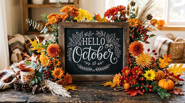 Hello october blackboard sign surrounded by autumn flowers and foliage on rustic wooden table