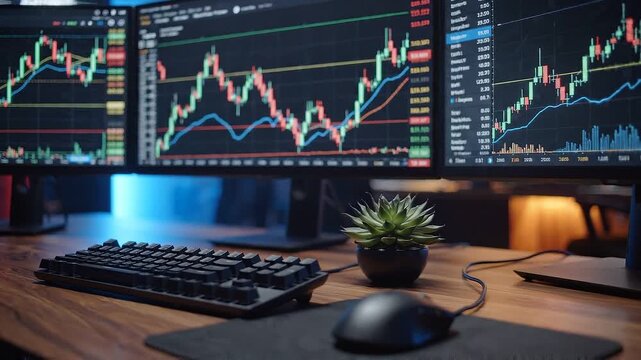 Professional Trading Station with Triple Monitor Setup Displaying Real-Time Financial Charts and Candlestick Graphs on Wooden Desk, Slow Zoom