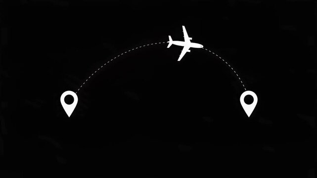 Airplane flight route animation with dashed trajectory path and location pin markers on black background 