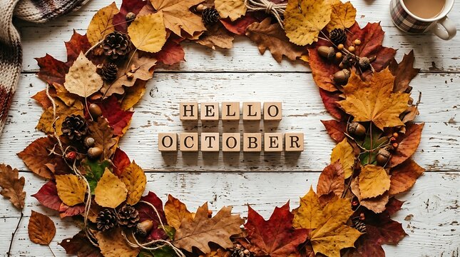 Hello october text made of wooden blocks inside an autumn leaf wreath on a rustic wooden background