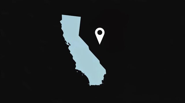 California map animation with San Francisco location pin and callout on black minimalist vector background 