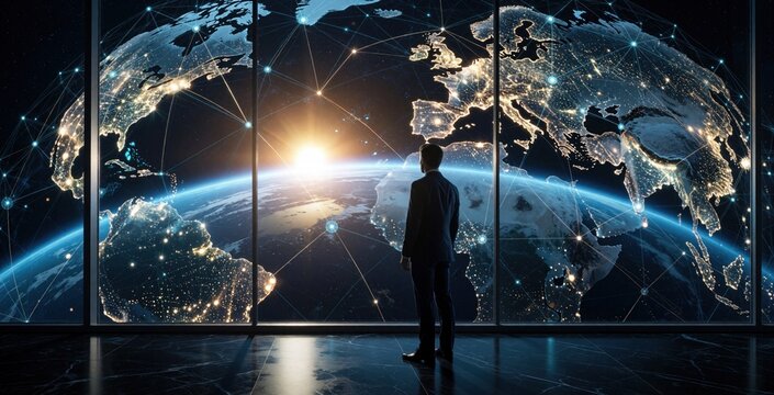 Man in suit looks at glowing digital Earth from office window. World map displays complex network connections. Futuristic global communication system with bright lights.