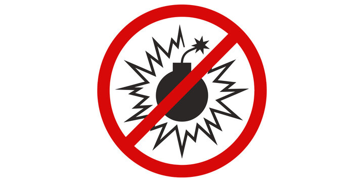 Danger bomb explosion icon red circular sign prohibited explosive weapons.