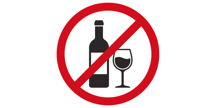 Restricted wine bottle glass icon red circular sign prohibited alcoholics.