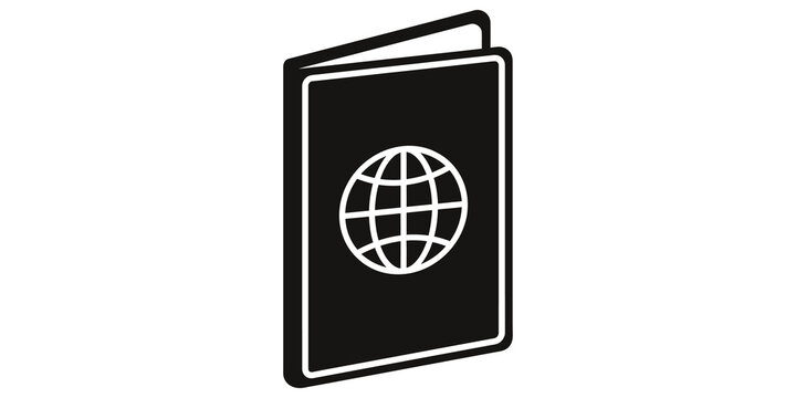 Black passport icon with globe symbol for travel and identity themes.
