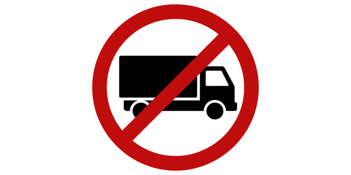Truck prohibited sign featuring black vehicle icon and red round border.