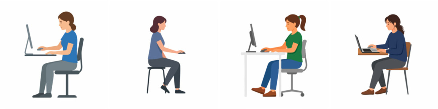 Set of four flat vector illustrations of women sitting at desks and working on computers and laptops isolated on white background
