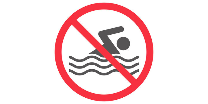 Swimming forbidden sign with gray swimmer icon and red circular border.