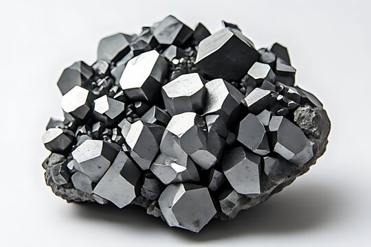 IA generated, raw hematite mineral specimen in "Iron Rose" rosette formation of hexagonal crystals isolated on white background.