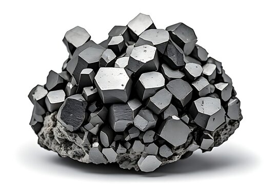 IA generated, raw hematite mineral specimen in "Iron Rose" rosette formation of hexagonal crystals isolated on white background.