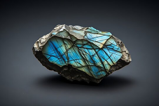  IA generated, raw labradorite mineral specimen with blue and green labradorescence iridescence isolated on dark grey background.