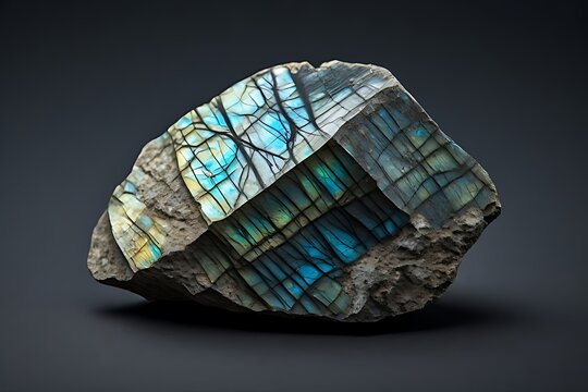  IA generated, raw labradorite mineral specimen with blue and green labradorescence iridescence isolated on dark grey background.