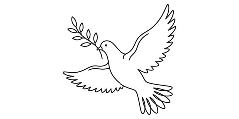 Fototapeta premium Dove of peace line art carrying olive branch for symbolic harmony.