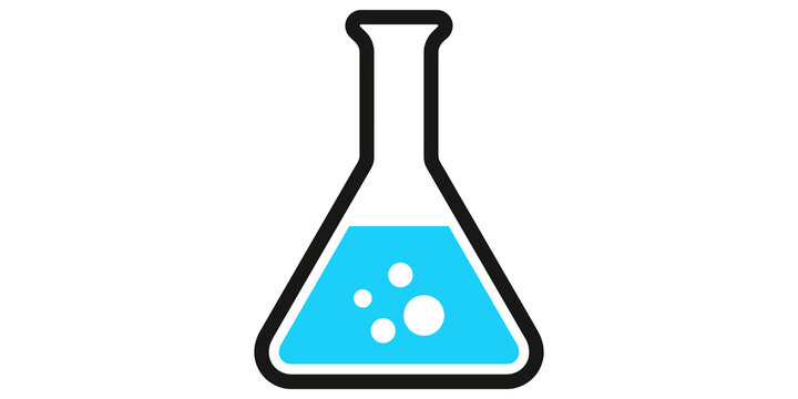 Science chemical glass flask icon with blue liquid for laboratory tests.