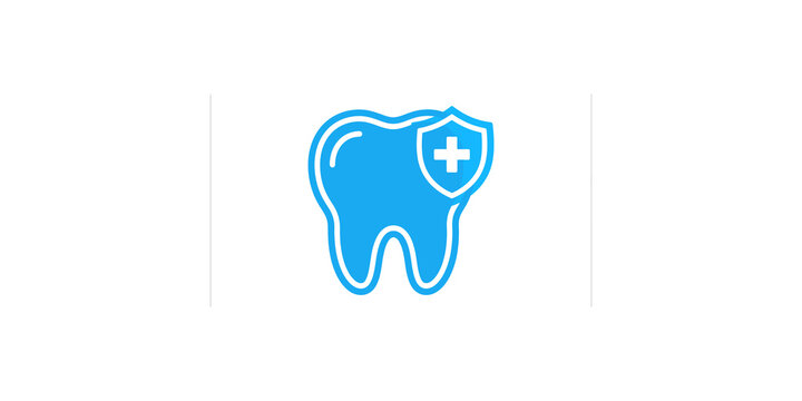 Blue tooth icon with shield design for dental insurance or health care.
