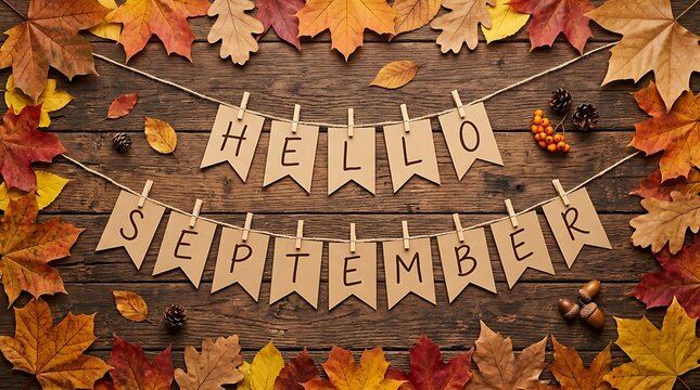 Hello september bunting garland made of paper tags surrounded by autumn leaves with september