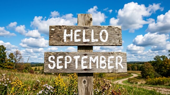 Hello september wooden sign post on countryside landscape background with blue sky and white clouds