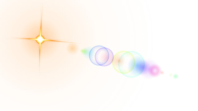 Glowing orange sun shape with concentric rings and multi-colored lens flare on black