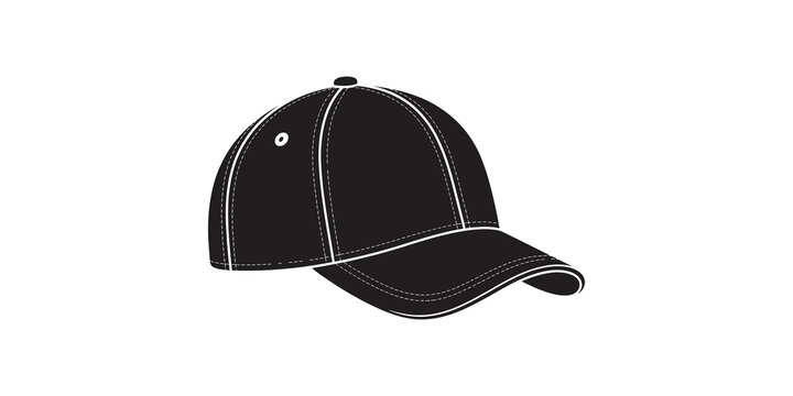 Black baseball cap side view with white stitching on transparent background.