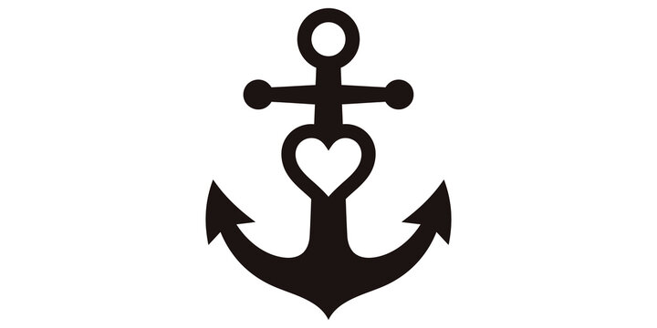 Anchor with heart center black icon for nautical and love theme graphic.