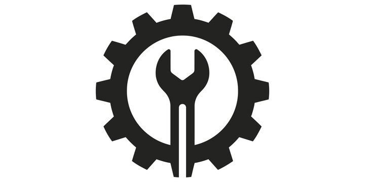 Mechanical gear and wrench icon for industrial repair and engineering.