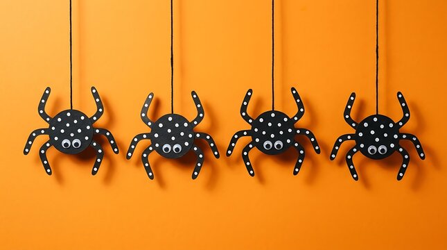 Black toy spiders hanging on strings against bright orange background halloween decoration concept