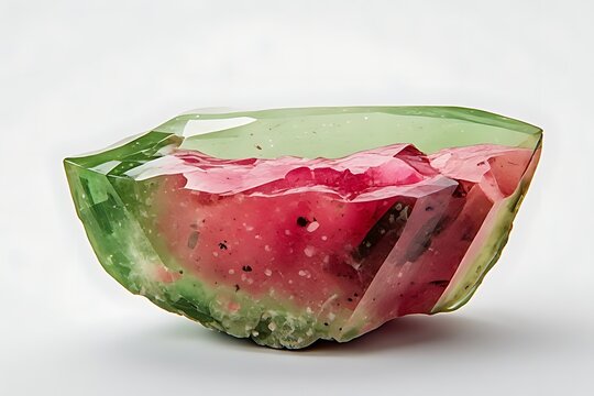  IA generated, polished cross section slice of watermelon tourmaline showing pink core and green rim isolated on white background.
