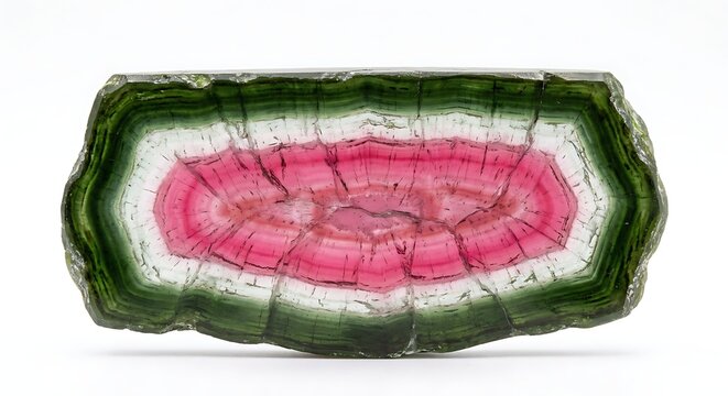  IA generated, polished cross section slice of watermelon tourmaline showing pink core and green rim isolated on white background.
