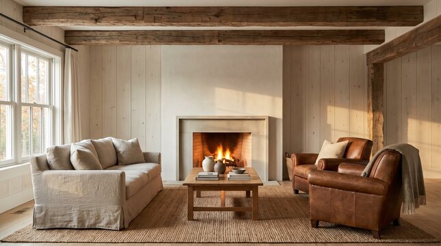 Rustic living room interior with stone fireplace, cozy home lounge with leather armchairs and wooden beams, warm neutral living space