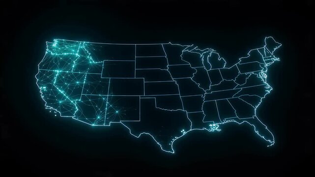 United States map animation with glowing state borders and blue digital data network pulses on black background 